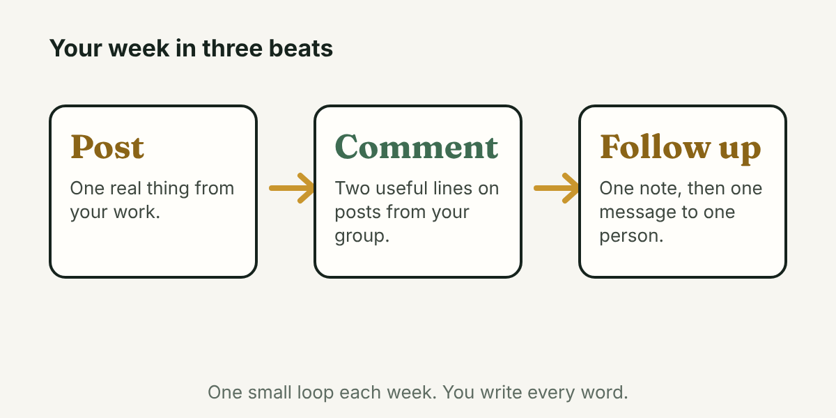 Three boxes joined by arrows: post, comment and follow up, with a line under them that says one small loop each week.
