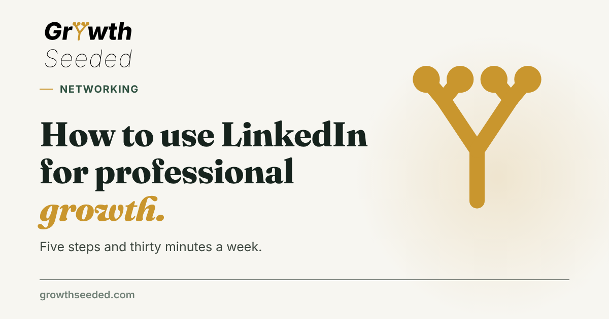 GrowthSeeded card with the title How to use LinkedIn for professional growth, the words five steps and thirty minutes a week, and the gold seed mark.