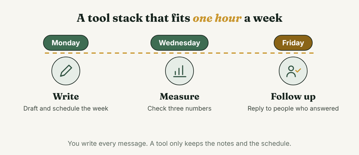 A week with three marks: Monday to write and schedule, Wednesday to check three numbers, and Friday to follow up with people who answered.